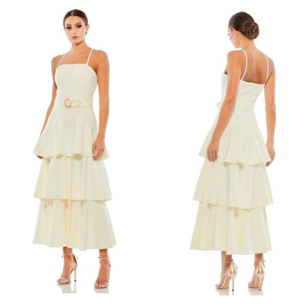 MAC DUGGAL Spaghetti Straps Tiered Tea-Length Dress in White Ivory Size US 12